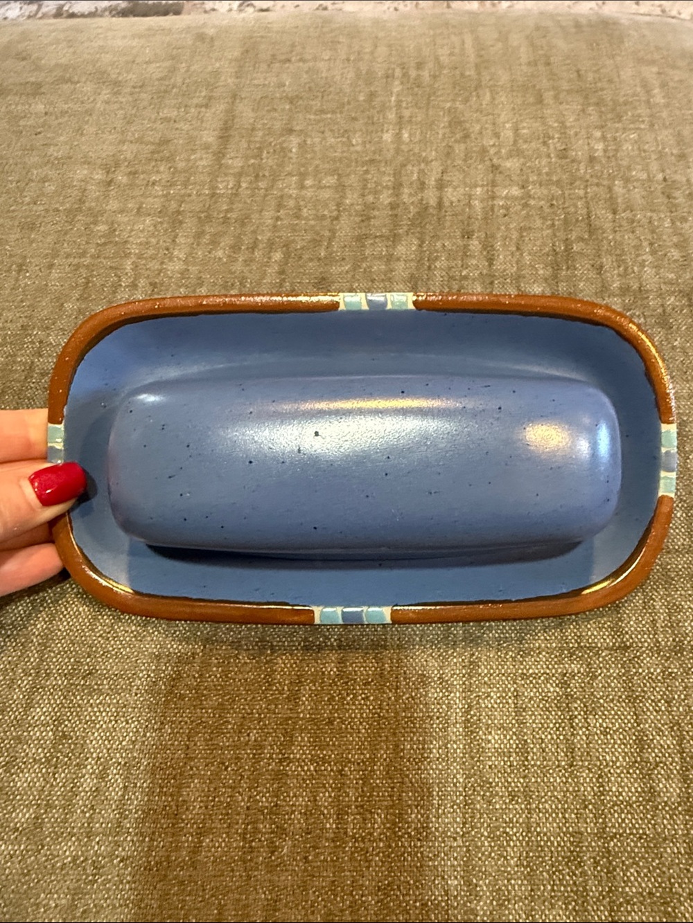 Blue Ceramic Butter Dish with Brown Trim and Accent Tiles